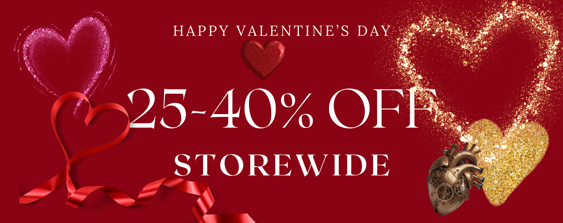 House of Vices Valentine's sale banner with hearts, 25-40% off storewide, red and gold theme