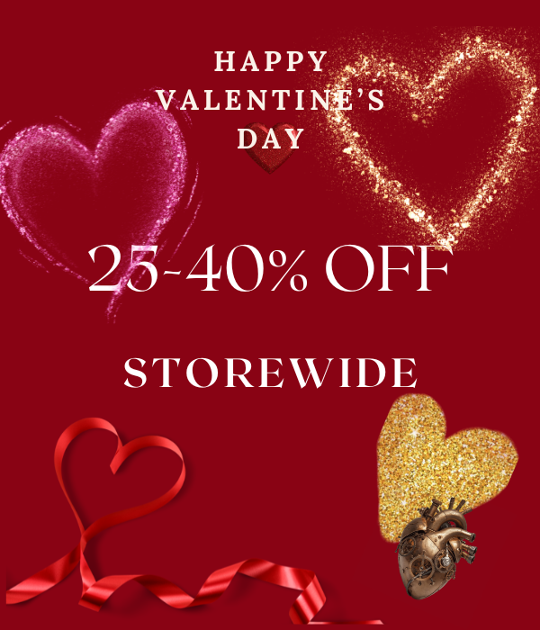 Valentine's Day storewide sale banner with 25-40% off, hearts, and red ribbon on red background