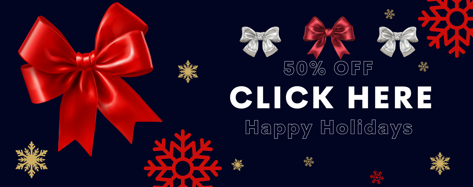 Holiday sale banner with red and silver bows, 50% off text, and festive snowflakes on dark background