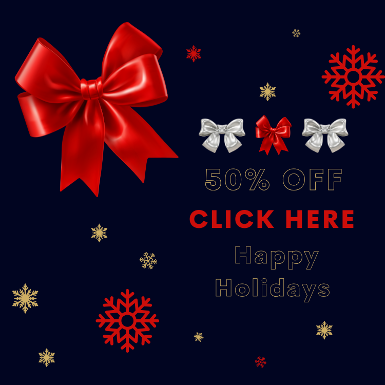 Holiday sale banner with large red bow, silver and red smaller bows, 50% off and click here text with red and gold snowflakes on dark background