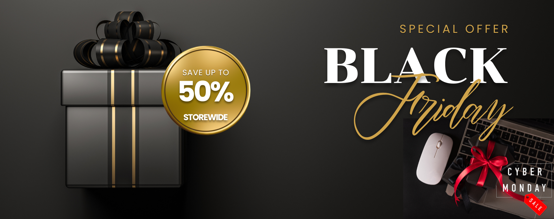 Black Friday special offer banner with black gift box, gold ribbon, save up to 50% storewide, Cyber Monday sale