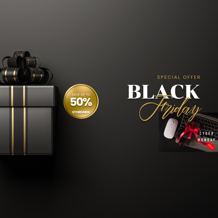 Black Friday and Cyber Monday sale banner with black gift box, gold text, and 50% off badge