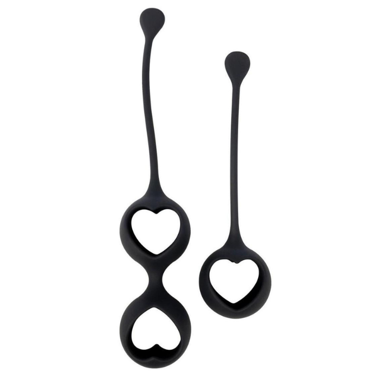 Black silicone kegel balls set with heart-shaped openings, intimate wellness product
