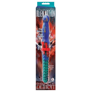 Alien Nation Double Demon dual-ended silicone dildo in colorful fantasy packaging