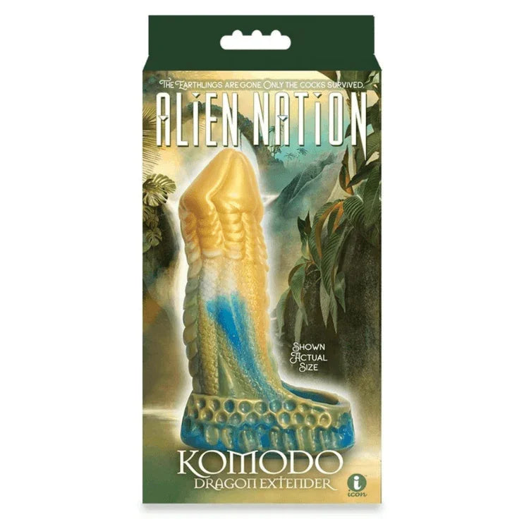Alien Nation Komodo dragon silicone extender in colorful packaging with blue and gold design.
