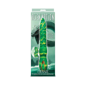 Alien Nation Nessie 100% silicone fantasy vibrator with undulating design, green textured body, and sci-fi packaging