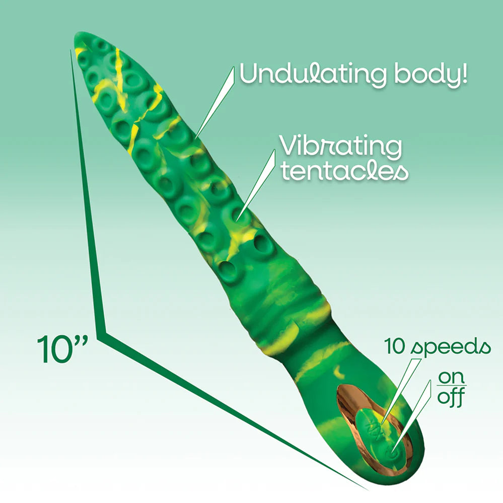 10-inch green vibrator with undulating body, vibrating tentacles, and 10 speed control for intimate pleasure.