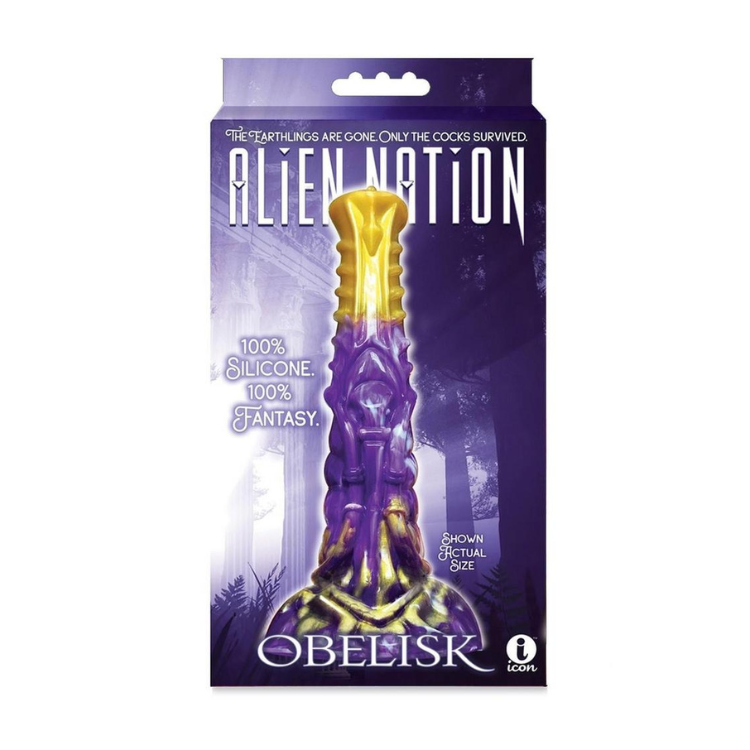 Purple and gold Alien Nation Obelisk silicone fantasy toy in branded House of Vices packaging
