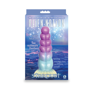 Alien Nation Stardust silicone dildo in purple and light blue with sparkling glitter dust on ocean background