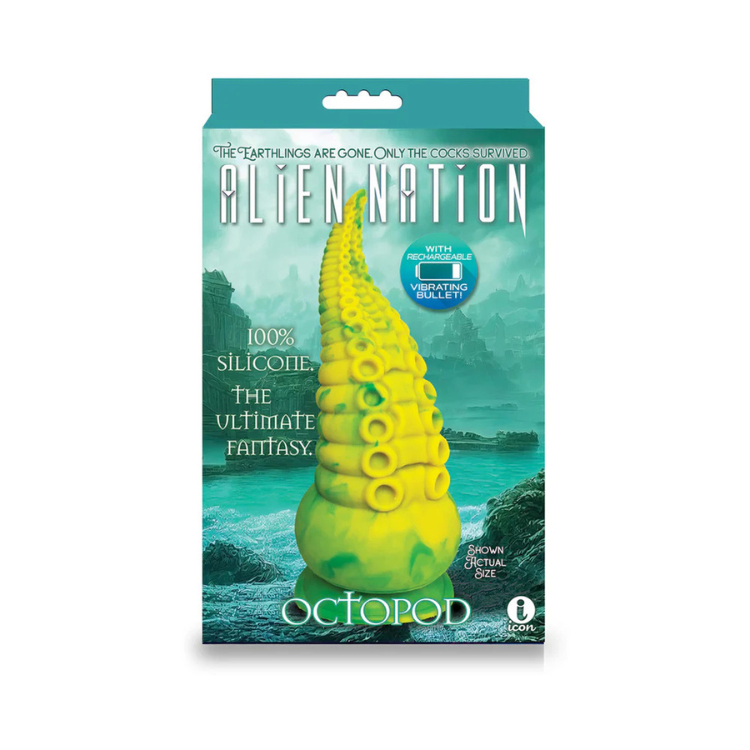 Alien Nation Octopod 9-inch green silicone vibrating dildo with suction base in fantasy packaging