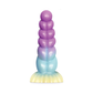 Colorful silicone dildo with segmented design in purple, blue, and yellow on white background