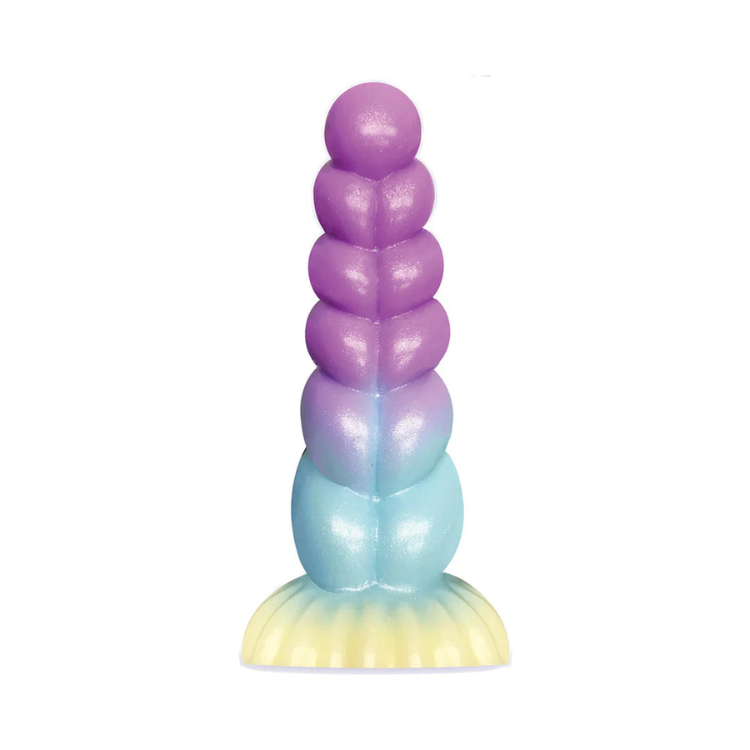 Colorful silicone dildo with segmented design in purple, blue, and yellow on white background