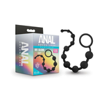 Black silicone 10-bead pleasure toy with retrieval ring and its retail packaging