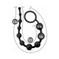 Black silicone anal beads with pull ring and labeled size measurements on white background