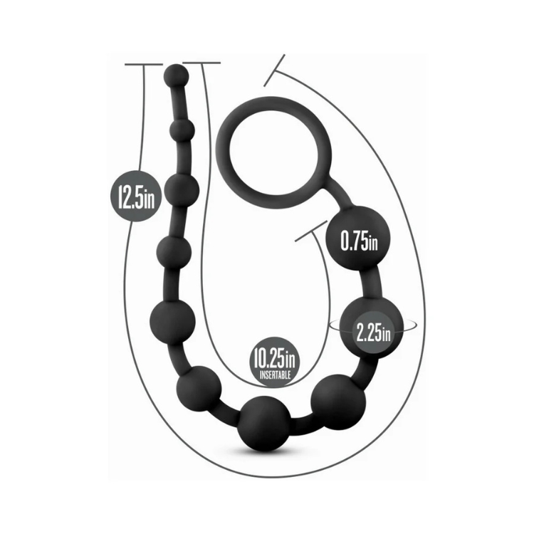 Black silicone anal beads with pull ring and labeled size measurements on white background