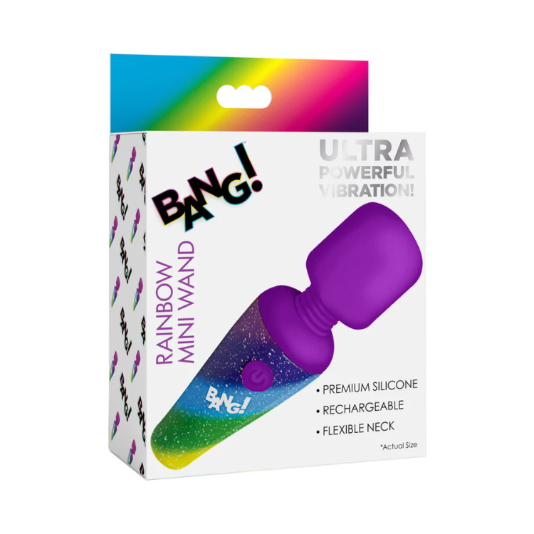 BANG Rainbow Mini Wand in colorful retail box, premium silicone rechargeable massager at House of Vices