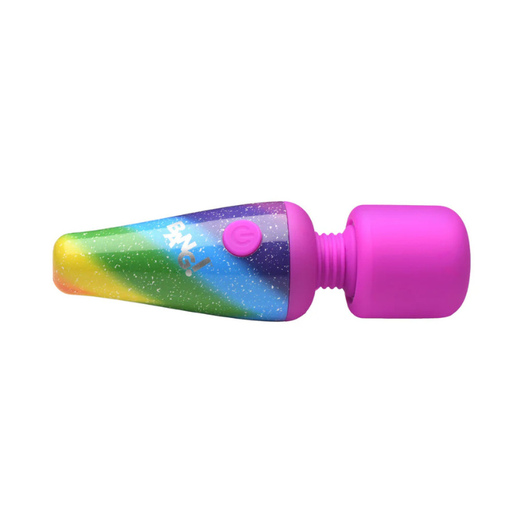 Rainbow mini wand massager with pink head, colorful handle, and glitter, from House of Vices