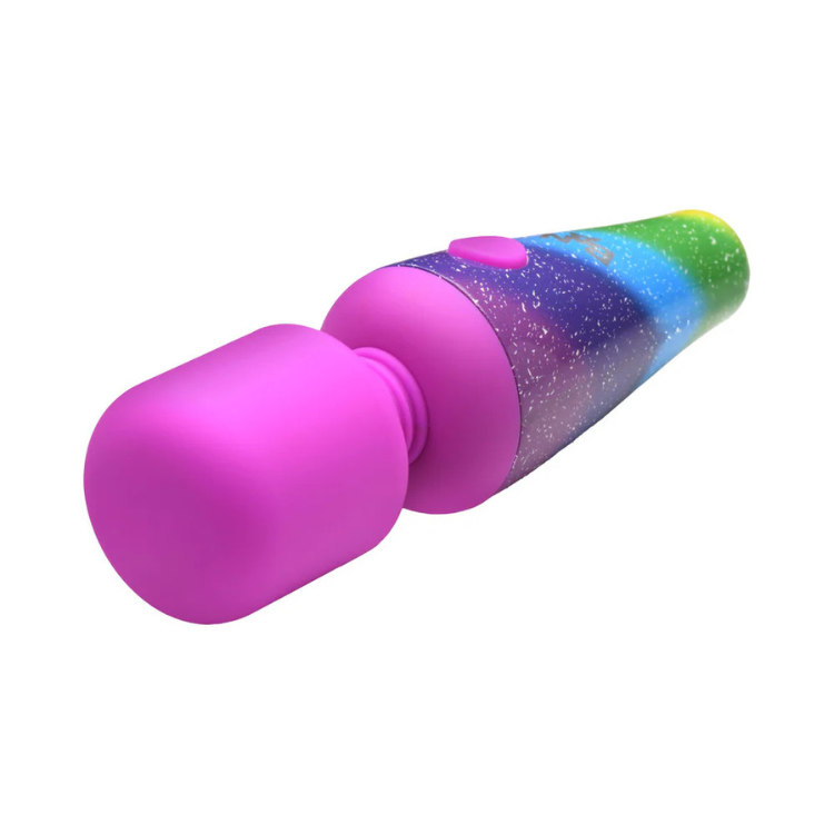 Colorful rainbow mini wand massager with pink head, House of Vices wellness essentials