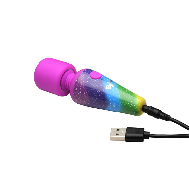 Rainbow mini wand massager with USB charging, premium wellness accessory at House of Vices