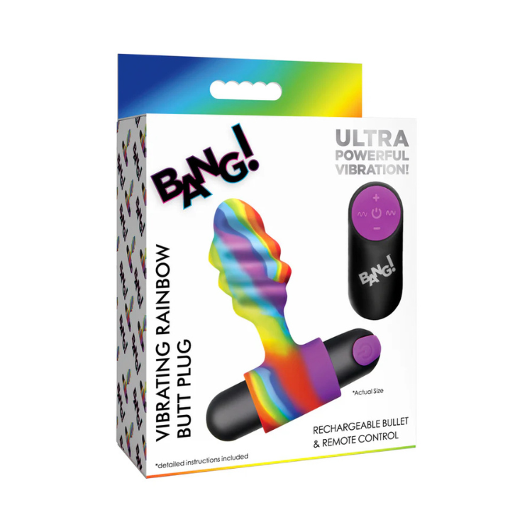 BANG vibrating rainbow plug with remote in branded packaging, House of Vices wellness product