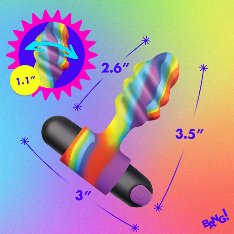 Colorful rainbow silicone wellness massager with measurements on a gradient background, House of Vices