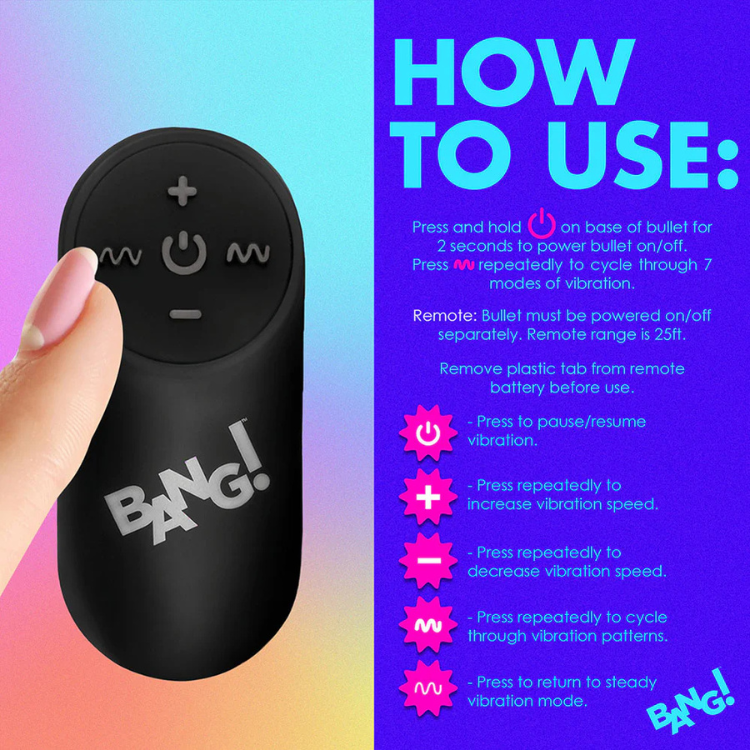 Remote control for BANG! vibrating device with instructions on a gradient background, House of Vices adult wellness store.