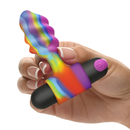 Hand holding a rainbow silicone vibrating toy from House of Vices wellness store