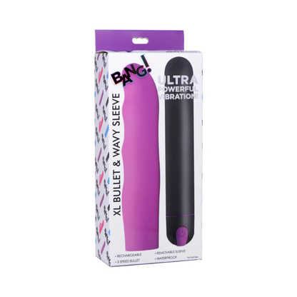 Purple wavy silicone XL bullet sleeve in retail package from House of Vices wellness store