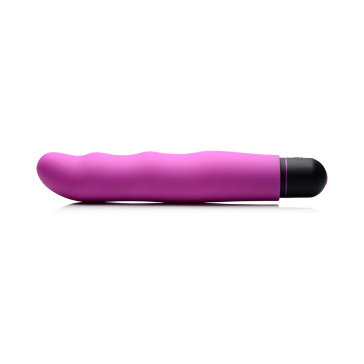 Purple wavy silicone sleeve bullet massager on white background, House of Vices wellness store