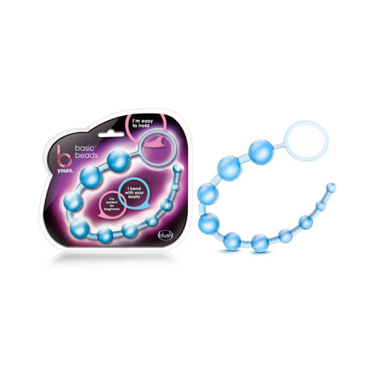 Blue beginner-friendly pleasure beads with retrieval loop, shown in packaging and unpackaged.