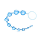Blue silicone beaded toy with graduated spheres and retrieval loop, adult wellness product