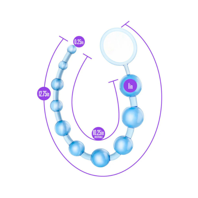 Blue silicone pleasure beads with pull ring, shown with sizes and measurements labeled.