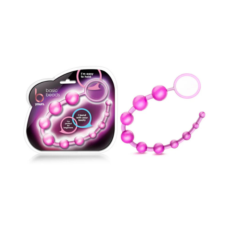 Pink silicone pleasure beads with retrieval loop, shown in packaging and out, for beginners.