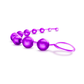 Purple silicone beaded pleasure toy with graduated beads and loop handle on white background.