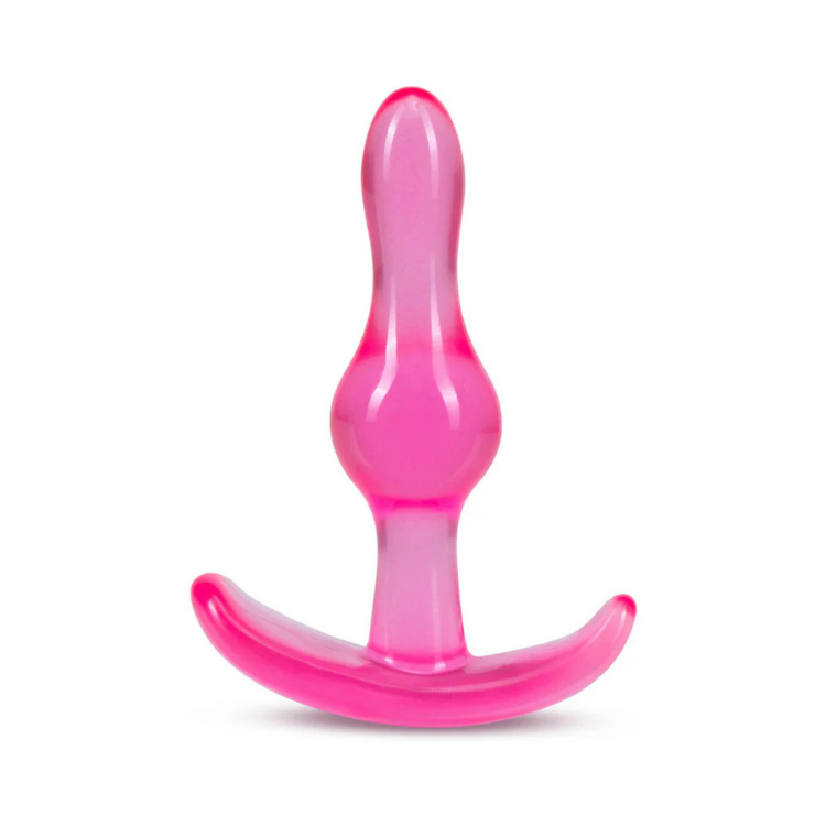 Pink silicone curved anal plug with flared base for adult pleasure