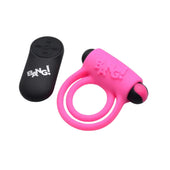 Pink silicone rechargeable cock ring with black remote control and BANG! branding