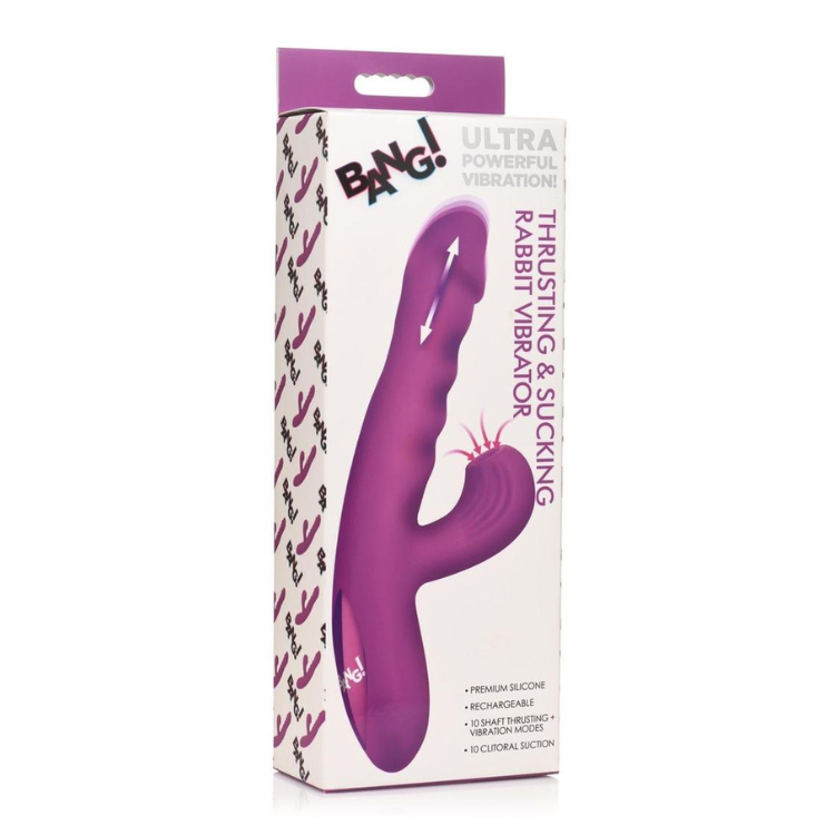 Purple silicone rabbit massager in retail packaging, rechargeable, House of Vices wellness product