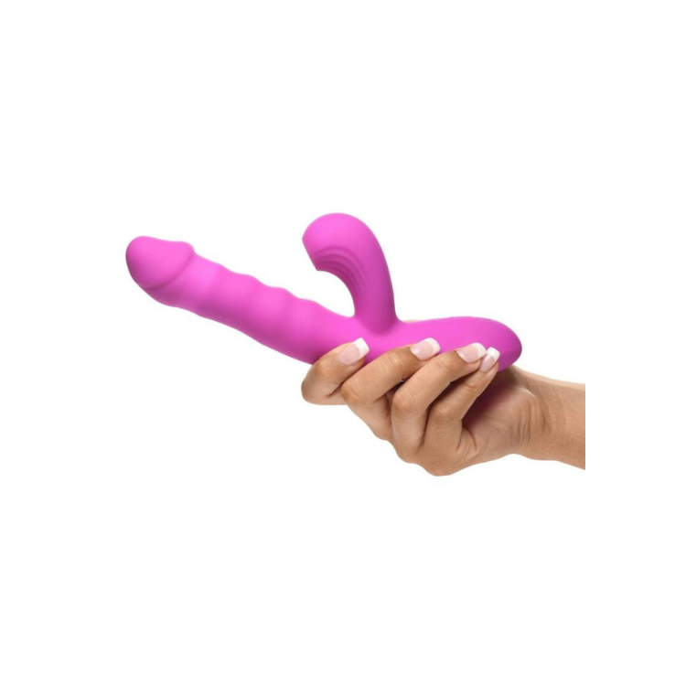 Hand holding a purple silicone rabbit vibrator with ergonomic design from House of Vices wellness store