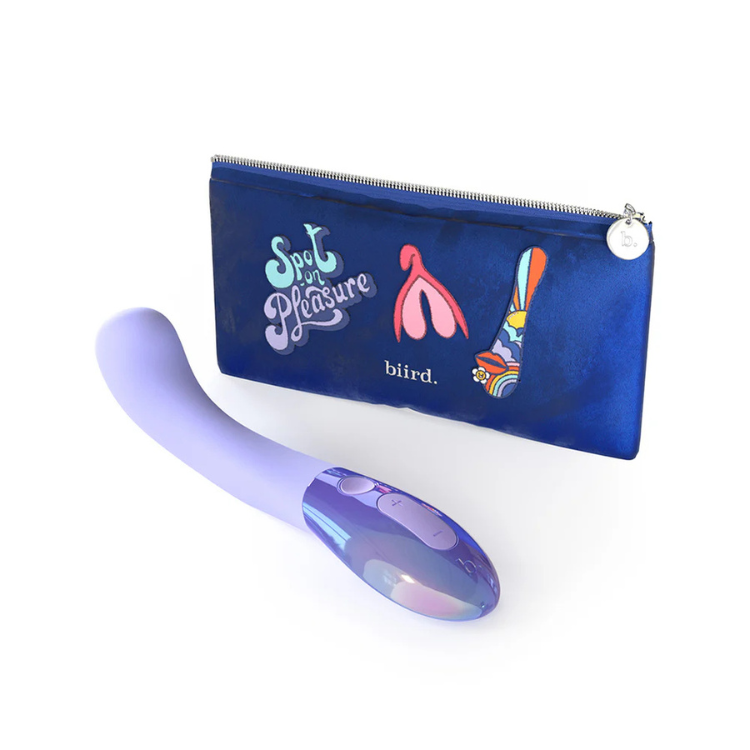 Lilac Biird Gii Glow personal massager with colorful zip pouch from House of Vices