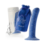 Blue speckled silicone personal wellness product with suction cup, matching pouch, and branded packaging from House of Vices.