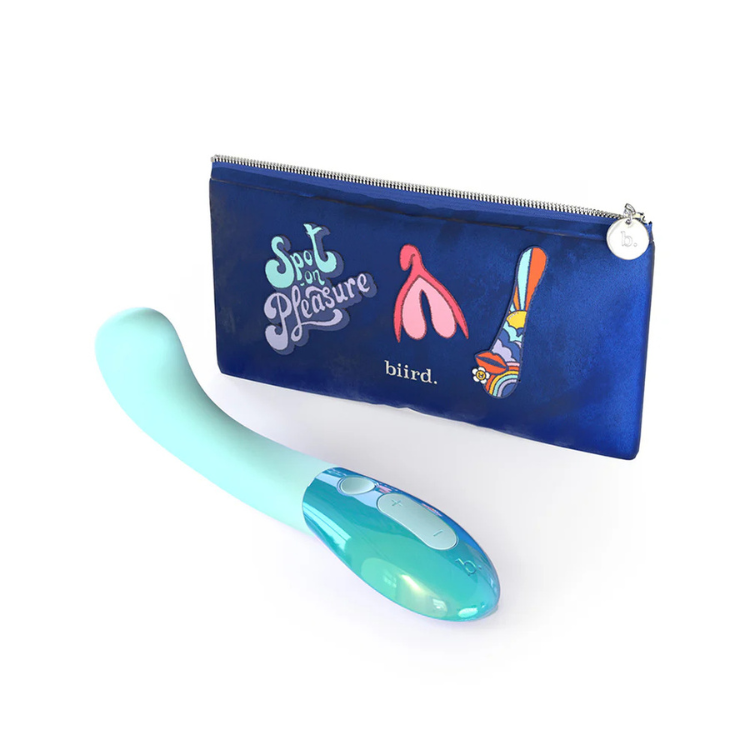 Mint green Biird Gii Glow personal wellness massager with blue art pouch from House of Vices