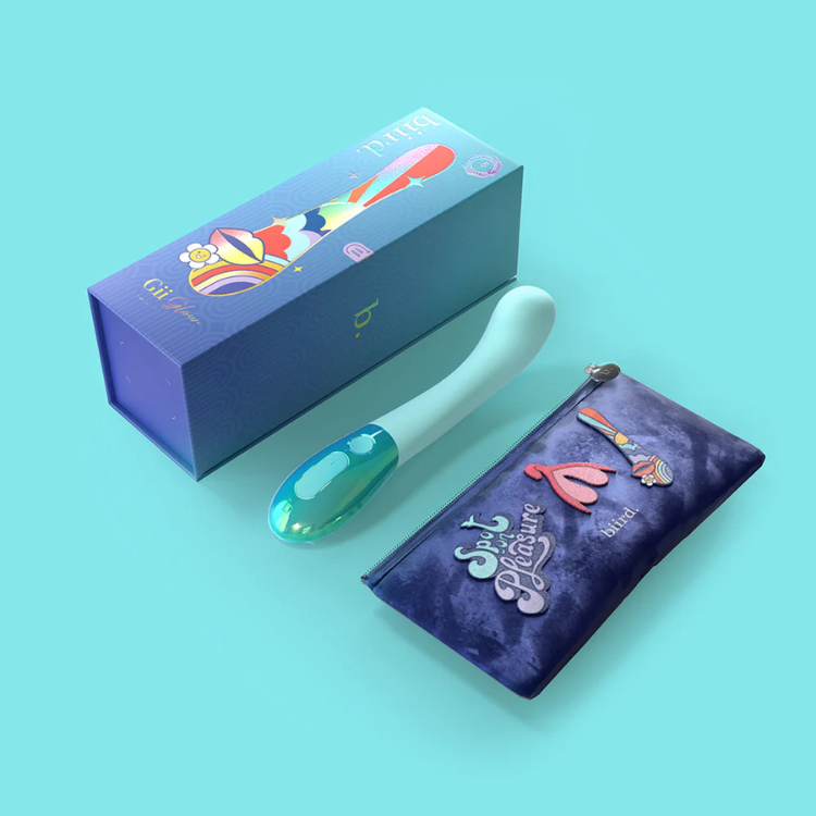 Biird Gii Glow Mint wellness device with artistic box and pouch on blue background