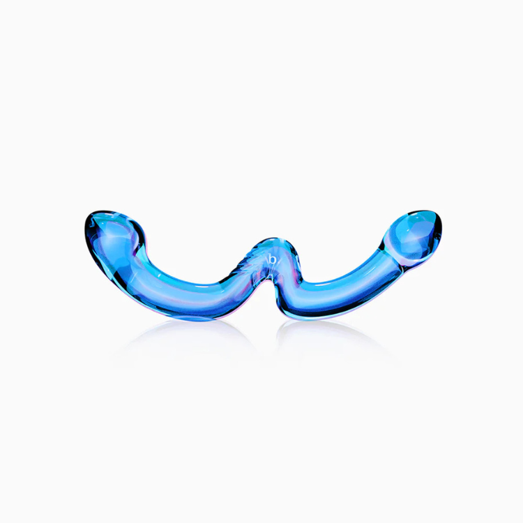 Double-ended blue glass wellness massager with curved ergonomic design on white background