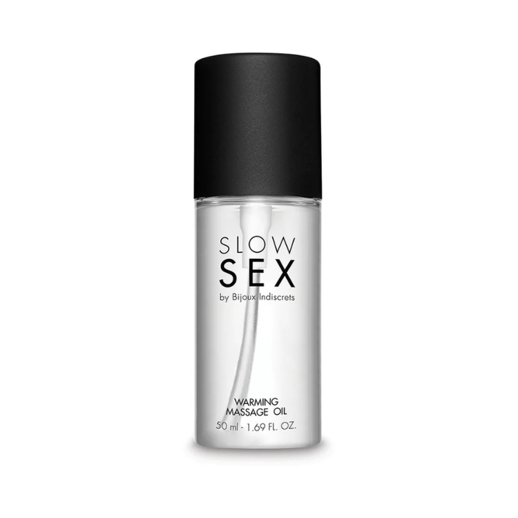 Bijoux Indiscrets Slow Sex warming massage oil 50ml bottle with black cap on white background