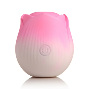 Pink rose-shaped wellness stimulator with power button, premium adult toy from House of Vices