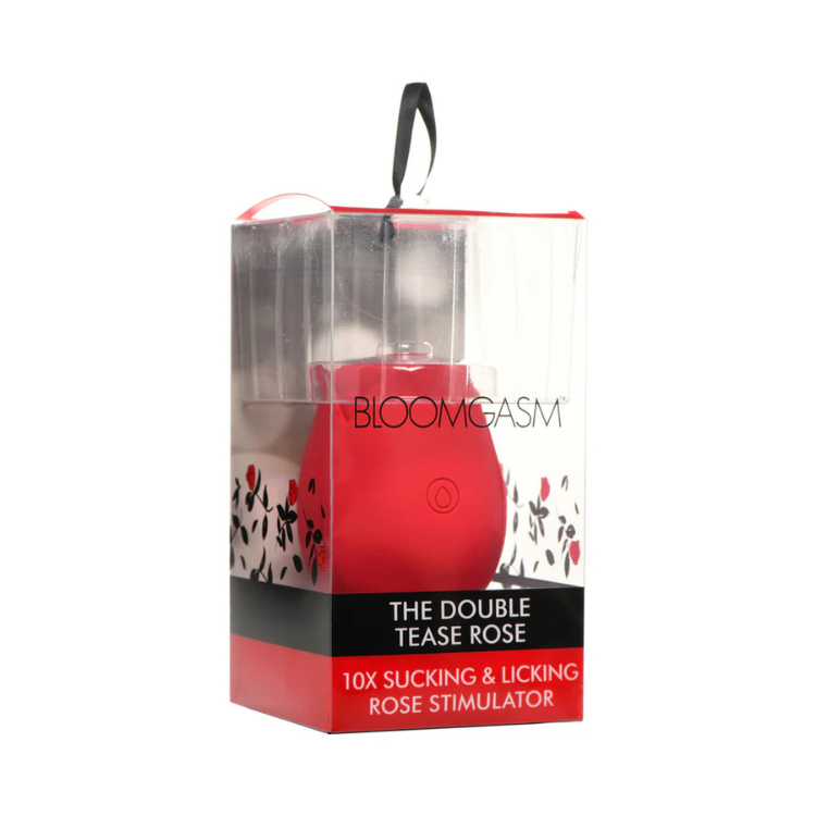Bloomgasm The Double Tease Rose 10X sucking and licking rose stimulator in red packaging