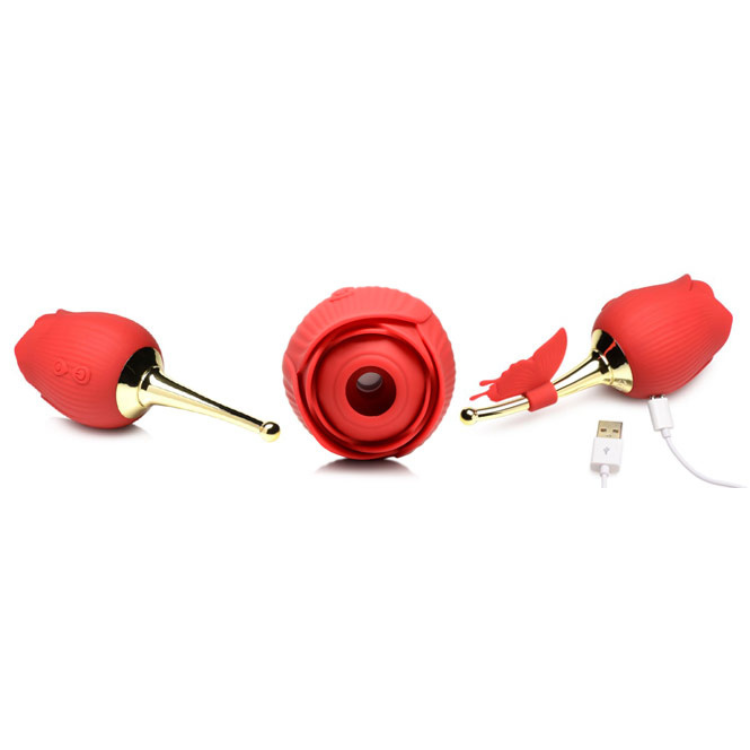 Red rose-shaped silicone vibrator with gold handle, butterfly teaser, and USB charging cable