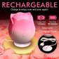 Pink rose-shaped rechargeable sex toy on charging base with USB cable, House of Vices