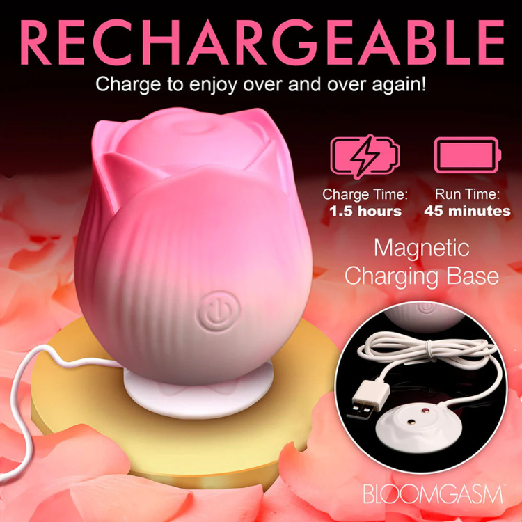 Pink rose-shaped rechargeable sex toy on charging base with USB cable, House of Vices