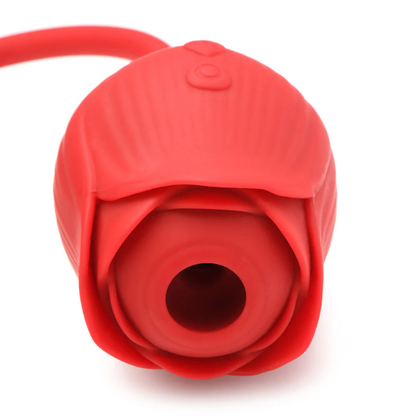 Red silicone rose-shaped wellness device on white background, House of Vices premium store